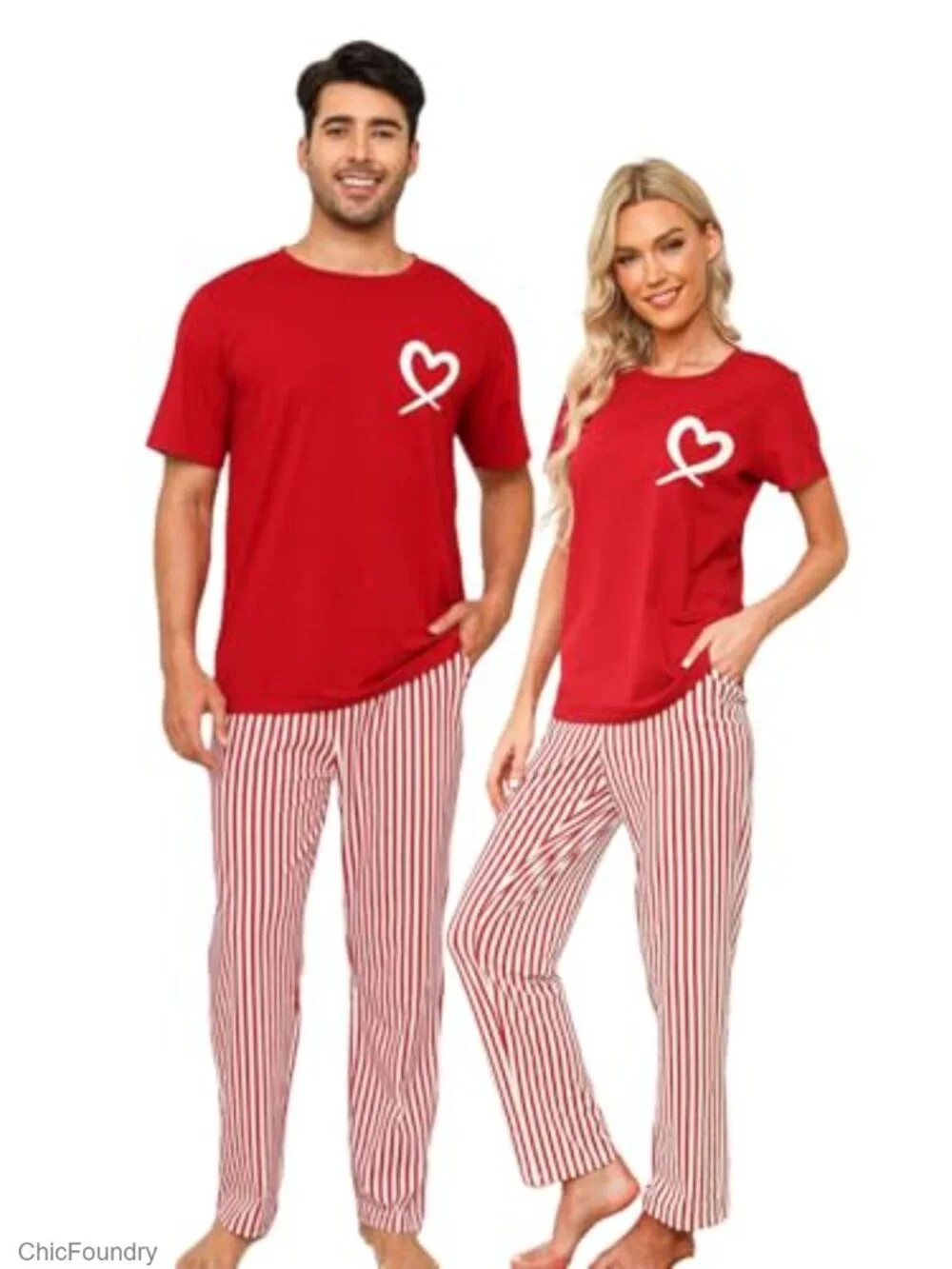 Cotton Couple Pajama Set Short Sleeve Top & Long Pants Sleepwear